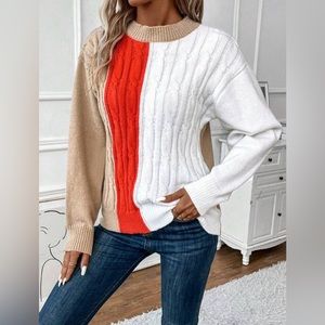 Women’s Small Color Block Cable Knit Drop Shoulder Sweater